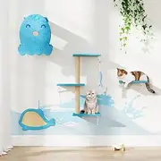 COZIWOW Cat Wall Furniture，Sturdy&Safe 4 in 1 Cat Wall Shelves,Fashion Unique Wooden Climber with Pet House，Scratching Board & Catio Tree（Ocean Blue