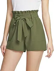 [ATIKA] Women's Paper Bag Shorts, Elastic High Waist Summer Casual Shorts, Bowknot Short with Pockets