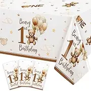 3 Pcs Beary First 1st Birthday Decorations Tablecloths, Brown Teddy Bear One Year Old Large Size Table Cloths Rectangular Plastic Tablecloth 54 x 108 Inch