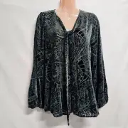 Johnny Was Jade Women Tiered Top Blouse Shirt Size XS Green Velvet V Neck