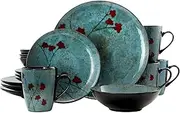 Elama Round Stoneware Floral Dinnerware Dish Set, 16 Piece, Blue with Red Accents