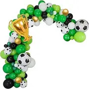 Soccer Party Balloons Garland, 12inch Green Black White Balloons with 18inch Football Goal Golden Champion Mylar Foils, Boys Sports Theme Birthday Decoration Supplies