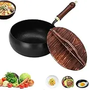 9.44in/11.02in Hand-Forged Non-Stick Unalterable Boiler Without Coating, Hammered Carbon Steel Wok for Cooker Gas Stir Fry Cookware, Round Bottom with Lid (Hammer-Wood Cover,11.02in)