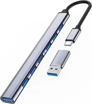 USB C Hub 3.0 Adapter 7 Port, Ultra Thin Mini USB Splitter USB(3.0 * 1＋2.0 * 6) Portable Aluminum USB Data hub with USB C to A Adapter for MacBook Pro/Air, USB Flash Drive, Keyboard, Mouse