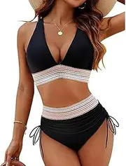 [TangDao] Womens Two Piece Swimsuit, Sexy Deep V Neck Bikini Set, High Waisted Bottom Tummy Control Swimwear Bathing Suits