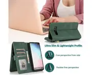 For Samsung Galaxy S10 Plus Case, Leather Zipper Purse Flip Cover Case with Card Slot Holder Wrist Strap Lanyard (Dark Green)
