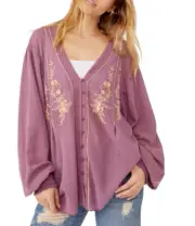 Free People Women Balloon Sleeve Emrboidered Top Candied Lilac Size S