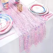 QueenDream Pink Table Runner 10FT Glitter Iridescent Sequin Table Runner 25x120 Inches for Bridal Baby Shower Girls Birthday Party Sweetheart Table Decorations