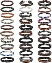 [MONAZEO] 30Pcs Braided Leather Bracelets for Men Women Wrap Wood Beads Cuff Bracelet Hemp Cords Ethnic Tribal Handmade Wrap Wristband Bracelets Set Adjustable