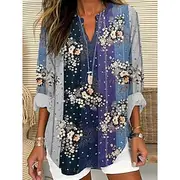Women's Blouse Floral Graphic Leaf Bohemia Vintage Tropical Long Sleeve V Neck Regular Tops Daily Holiday Beach Wear Print Grass Green Navy Blue Dusty Blue Pur