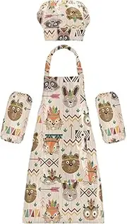 AIXIWAWA Kids Apron Chef Hat Set, Child Kitchen Bib Aprons Adjustable for Cooking Baking Painting (Tribal Cute Animals), Brown, Small