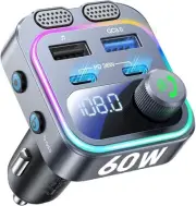 60W Bluetooth 5.4 FM Transmitter Car Adapter [Reinforced Dual Mics & Gray