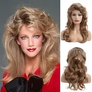 Womens 80s Blonde Wig Long Layered Blonde Wigs with Bangs 80s Vintage Cosplay Costume Disco Hair Wig Carnival Party Wigs