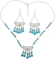 [AUTSUPPL] Boho Dangle Earrings Set Ethnic Statement Necklace and Headpiece Vintage Beaded Jewelry for Women