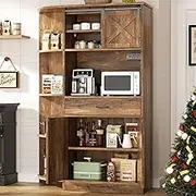 SUNLEI Farmhouse Kitchen Pantry Storage Cabinet with Removable Door, Tall Freestanding Kitchen Hutch - Kitchen Organizers and Storage Pantry with Cupboard & Drawers for Dining Room,Brown