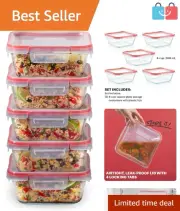 Stain-Resistant 5-Pack Glass Food Storage Containers for Meal Prep and Storage