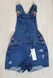 NEW LOOK age 12 denim DUNGAREE SHORTS summer RIPPED girls DISTRESSED blue 152cm
