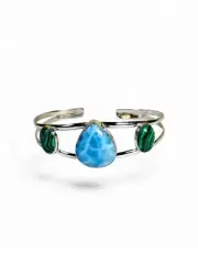 Sterling Silver Dominican Blue Larimar / w MalachiteStone Handmade Cuff Bracelet