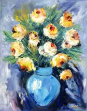 Original Oil Painting Yellow Roses in Blue Vase One of a Kind 16x20" Julia Lu