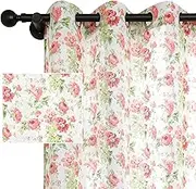 RLoncomix Pink Floral Print Linen Curtains Vintage Rose Window Treatment Curtain Light Filtering Farmhouse Grommet Window Drapes for Living Room Bedroom, 2 Panels, 52 x 63 Inch