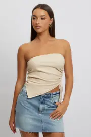 Beige Tube Top Side Ruched Linen Blend - Size 16XL, Women's Top
