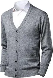 [Btmpmcs] Men's Knit Cardigans Jumpers Full Front Button Sweater Wool Blend V Neck Knitted Cardigan Lightweight Classic Soft Knitwear Pullover Long Sleeve with 2 Pockets, Grey, S