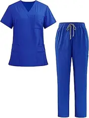 Ausing Unisex Scrub Set Slip-On Tunic + Slip-On Trousers Set Medical Doctor Uniform Unisex Slip-On Jacket Top, royal, Medium