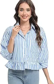 [SUNNOW] Womens Blue White Stripe Button Up Shirt 3/4 Sleeve Blouse Drop Shoulder Dressy Casual Tops