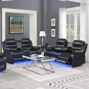 3-2 Seater Seater Finest Black Leatherette Recliner Feature Console LED Light Ul