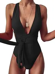 [Lilosy] Plus Size Sexy Lace Up Plunge Neck Backless High Waisted Cut Leg Rise Thong Cheeky Brazilian 1 Piece Bikini Swimsuit Women Back Bathing Suit Tie Criss Cross Monokini Black 2# XX-Large, Black