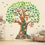 DECOWALL DL4-2303 X-Large Giant Tree Wall Stickers (142x158 cm) Decals Kids Baby Nursery Bedroom Jungle Woodland Leaf Forest Large Birch Vinyl Peel and Stick Enchanted Classroom Family Nature Monkey