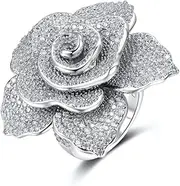[Deelan] Fashion Ring for Women Wedding Engagement Flower Rose Gold Platinum Zircon Crystal Statement Jewelry Rings