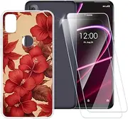 ESACMOT Red Flowers Pattern Case Compatible with T-Mobile Revvl 4 + [2 Pack] Screen Protector Tempered Glass, Shockproof Case Cover for T-Mobile Revvl 4 (6.22 inch)