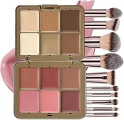 JasCherry 12 Colors Makeup Palette & Brush Set, Professional Eyeshadow, Blush, Highlighter, Contour Kit with 10 Champagne Gold Brushes, Cruelty-Free, Vegan, Travel-Friendly, for Beginners Pros