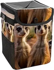Car Trash Can with Lid and Storage Pockets Leak-Proof Organizer,Waterproof Garbage Can,Animal Three Brown Meerkats
