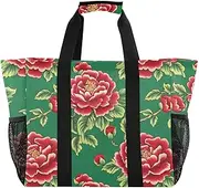 [sanluoli] Bag For Trunk Foldable Beach Tote Sandproof with Handles Laundry Bag, Green Red Flowers Chinese Style, 1 size