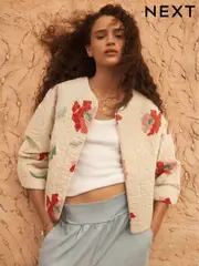 Ecru Cream Floral Print Quilted Jacket (AD1899) | $105