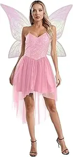 [Raenseen] 2pcs Women Halloween Fairy Elf Cosplay Costume Butterfly Wings and Sequin High-Low Cami Dress