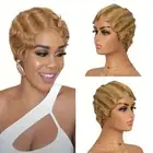 130% Density Remy Human Hair Wigs Dark Blonde Finger Wave Pixie Cut Short Curly