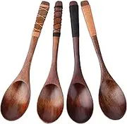 4pc-Handmade Japanese Style Wooden Soup Spoons with Tied Line on Handle
