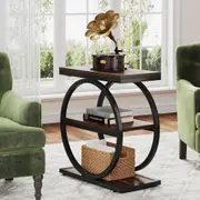 Wooden Narrow End Table with 3 Shelves and Metal Frames for Living Room and Bedroom