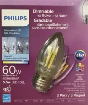 3 Philips 60-Watt Clear B11 Blunt Tip Daylight Bright LED Bulbs w/Standard Base