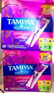 2 PK Tampax Radiant Duo Pack Tampons w/ LeakGuard Braid Regular & Super 28 Ct
