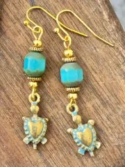 Etched Patina Turtle with Aqua Bead Earrings. Tropical. Beach