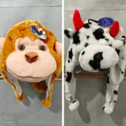 NEW 2 PLUSH FLEECE ANIMAL WINTER HAT POM ENDS EARFLAP CAP FOR KIDS COW & MONKEY