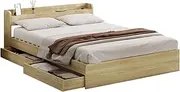 OIKITURE Wooden Bed Frame Queen Size, Trundle Bed Frame Platform with Charging Ports, Bed Frame with 2 Drawers for Dorm, Bedroom, 226x160x70cm