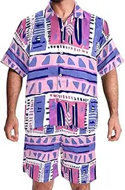 [FNETJXF] Men's Hawaiian Short Set, Mens Short Sets 2 Piece Outfits, Men Vacation Outfits, Geometric Pattern Tropical Leaves Modern, Mens Matching Shirt and Shorts Set