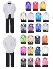 7pc Boy Formal Black Pants White Suit Tuxedo Satin Bow Tie Vest Set Baby 4T-20