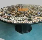 60" Black Marble Dining Table Top Semi Precious Stones Inlay With Marble Stand