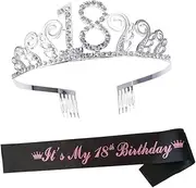 [Beatifufu] 18 Year Old Birthday Sash Birthday Queen Headress Rhinestone Crown Hair Comb Letter Printing Sash Party Decorative Accessory